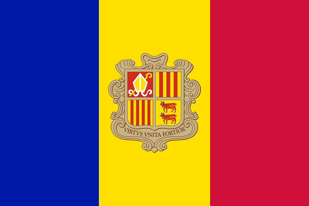 Flag of Andorra with coat of arms.