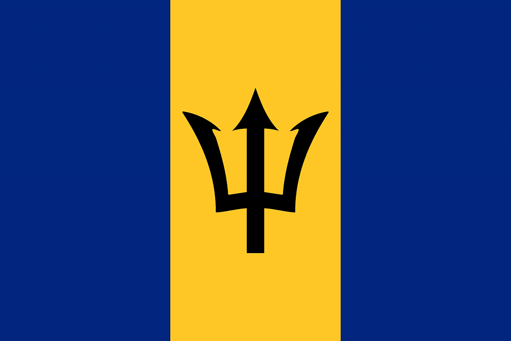 Flag of Barbados with trident symbol.