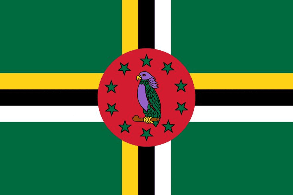 Flag of Dominica with parrot and stars.