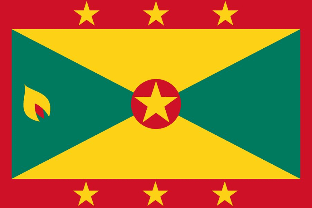 Flag of Grenada with stars and nutmeg.