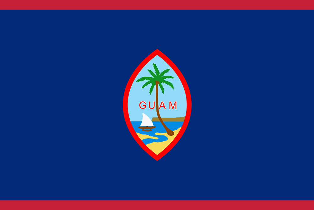 Flag of Guam with emblem and palm tree.