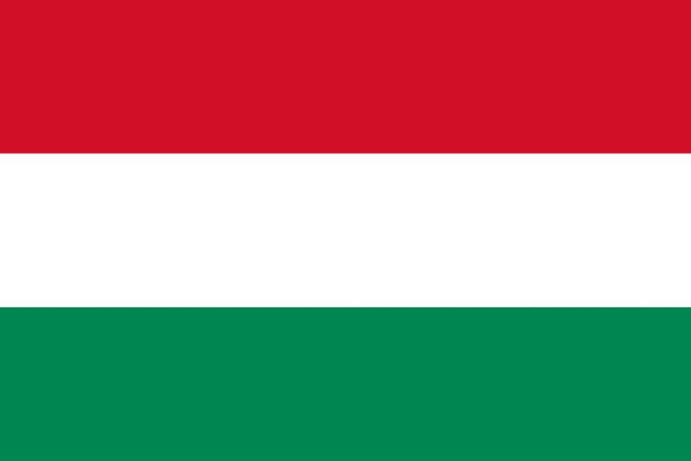 Flag of Hungary with horizontal stripes.