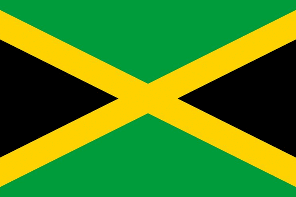 Flag of Jamaica with green, yellow, black.