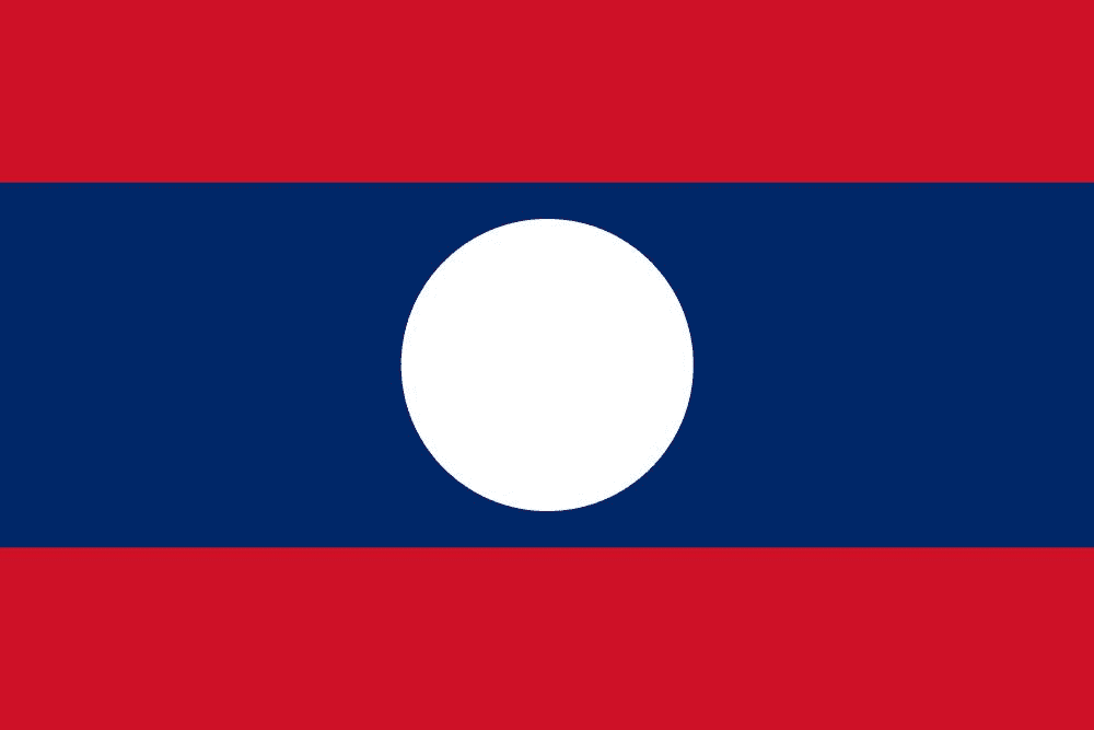 Flag of Laos with blue and red stripes.