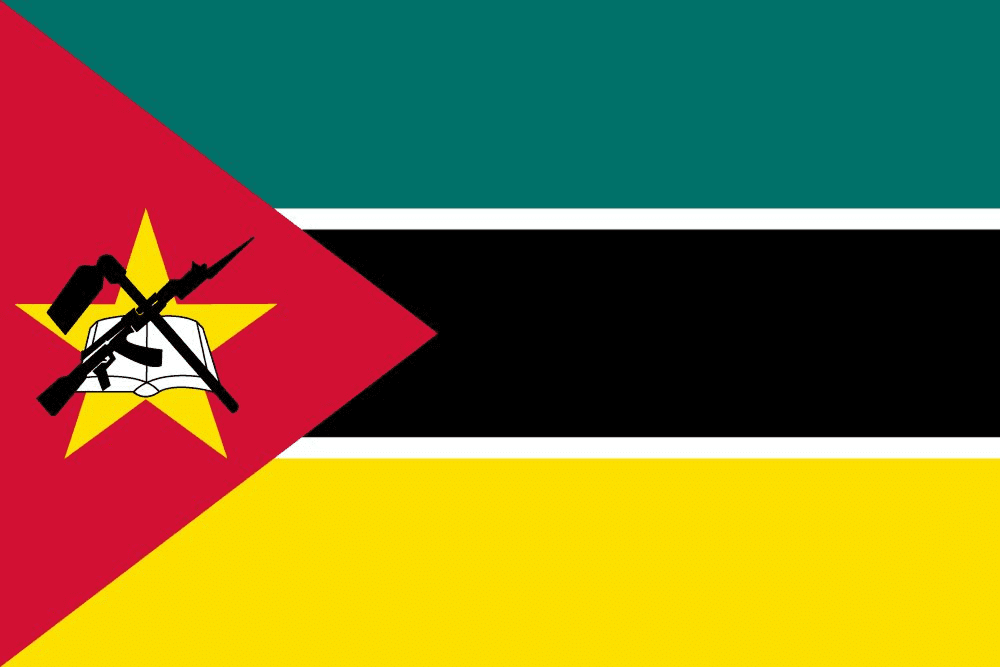 Flag of Mozambique with emblem and stripes.