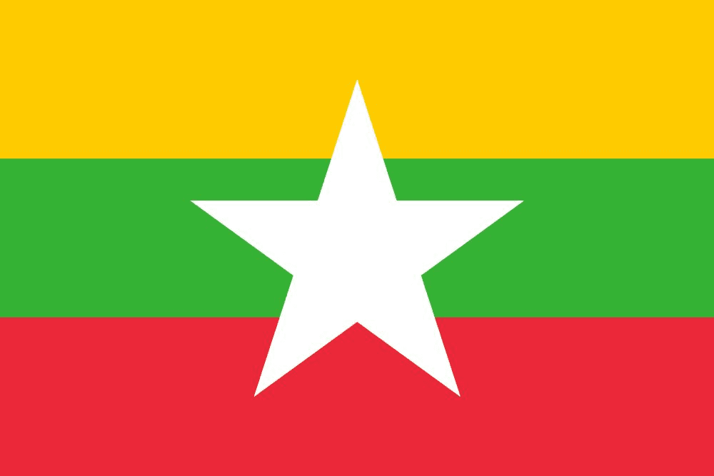 Flag of Myanmar with star and stripes.