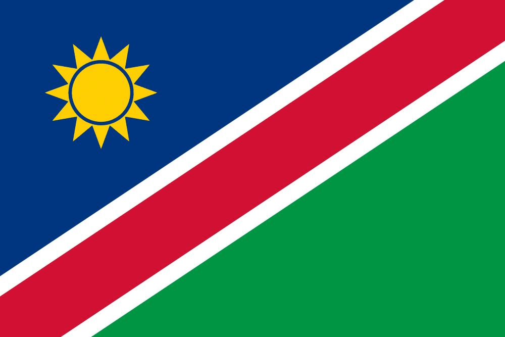 Flag of Namibia with sun and diagonal stripes.