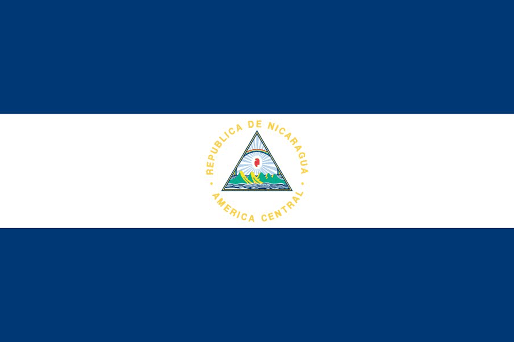Flag of Nicaragua with emblem in center.