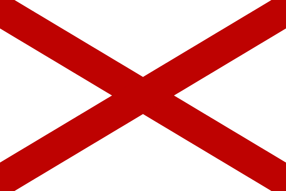 Red diagonal cross on white background.
