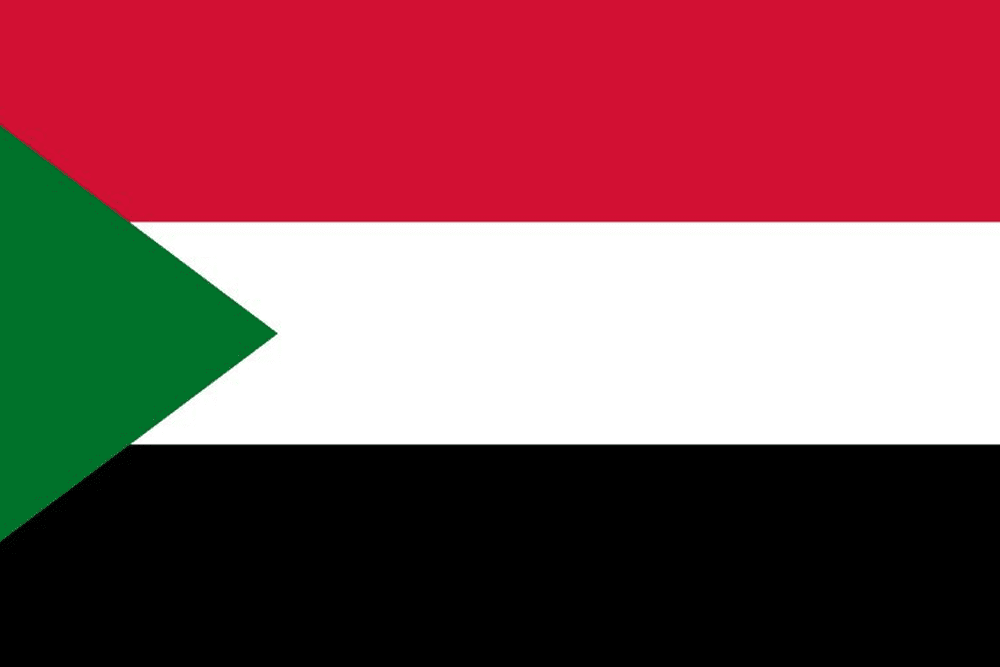 Flag of Sudan with red, white, black stripes.