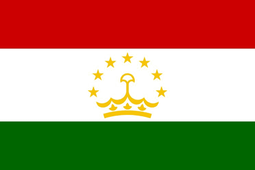 Flag of Tajikistan with emblem and stars.