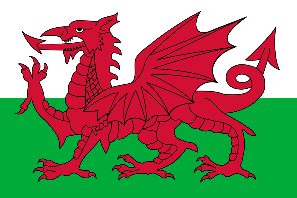 Welsh flag featuring a red dragon emblem.