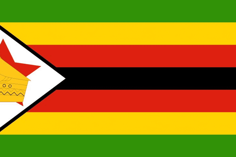 Flag of Zimbabwe with colorful stripes.